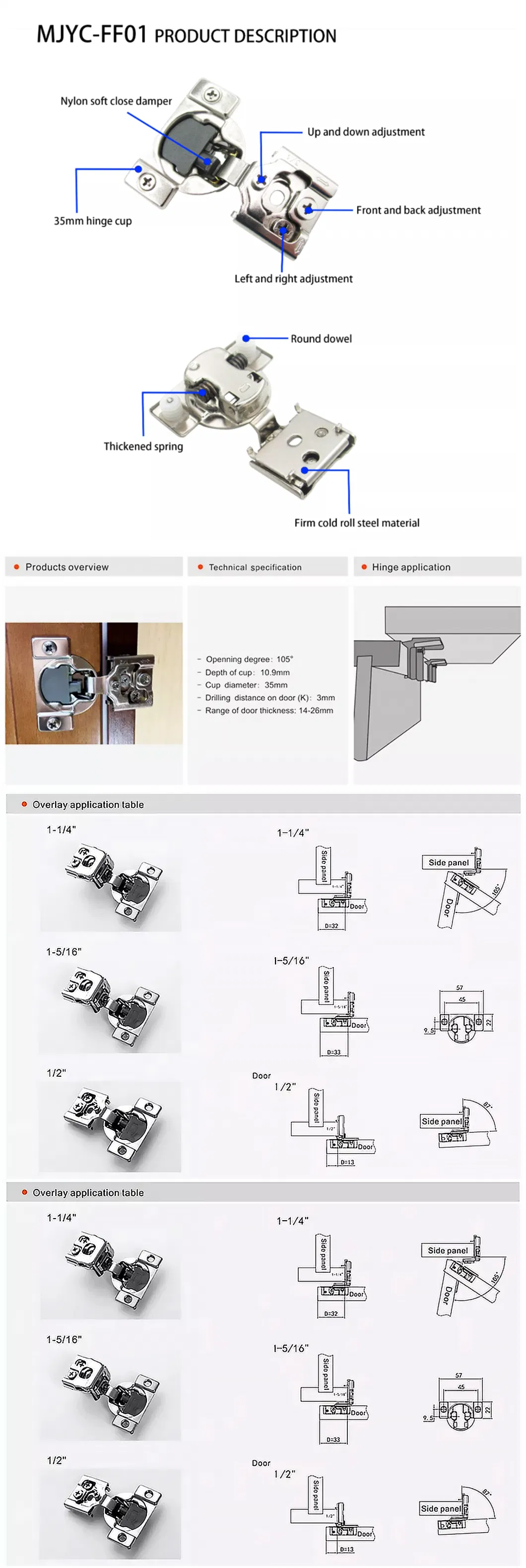 Stainless Steel Cabinet Hinges 1/2 Inch Overlay Self Closing Hinges